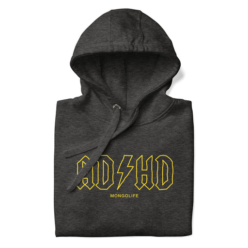charcoal heather ADHD hoodie inspired by a rock band logo.