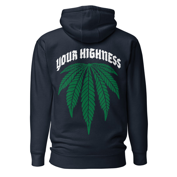Navy blue stoner hoodie, back view with the text Your Highness and a large upside-down cannabis leaf