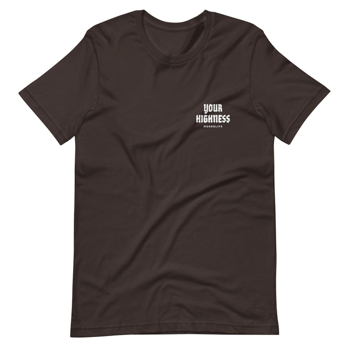 Front view, brown "Your Highness" t-shirt featuring an upside-down cannabis leaf and text.