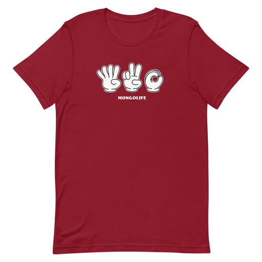 Cardinal red T-shirt featuring 420 in sign language with cartoon-style gloved hands.