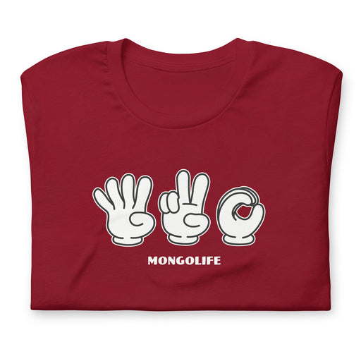 Folded cardinal red  T-shirt featuring 420 in sign language with cartoon-style gloved hands.