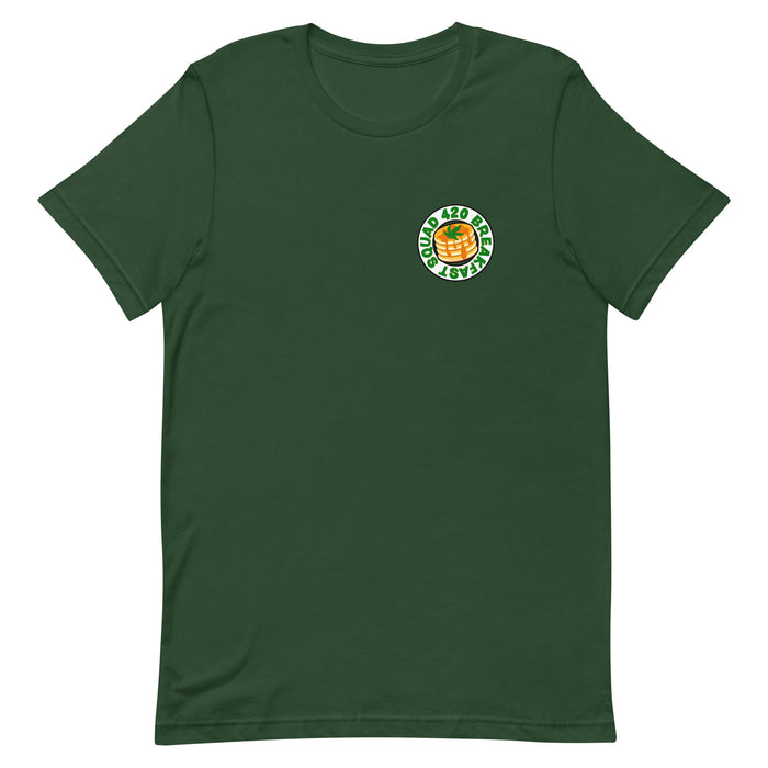 Forest green T-shirt with "420 Breakfast Squad" around a pancake stack and cannabis leaf design.