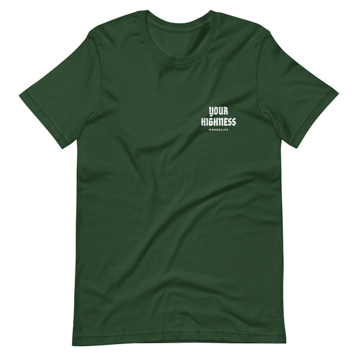 Green front view of "Your Highness" t-shirt featuring an upside-down cannabis leaf and text.