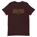 Oxblood Black ADHD T-Shirt with text in a yellow, rock-inspired font