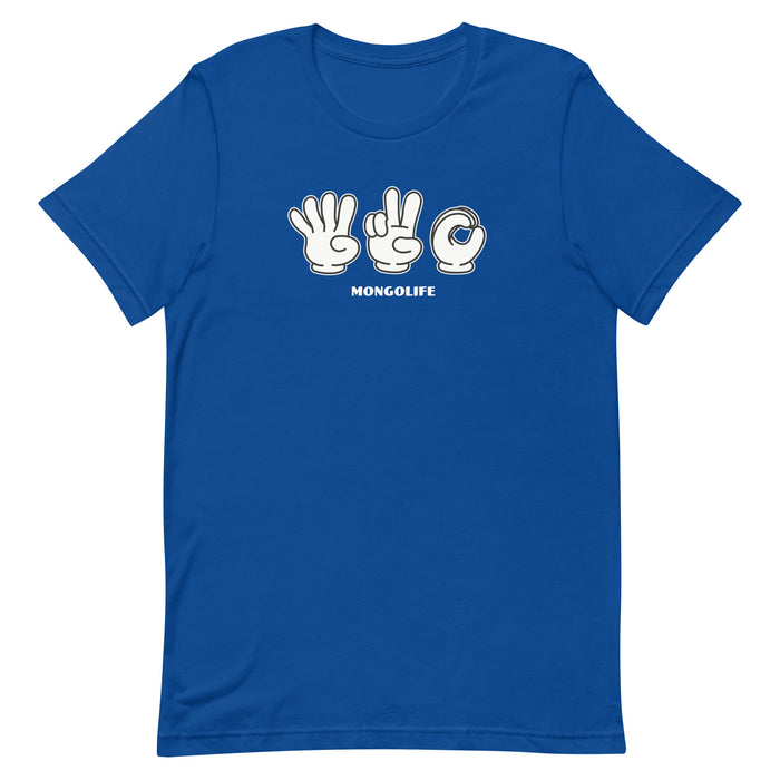 Royal blue  T-shirt featuring 420 in sign language with cartoon-style gloved hands.