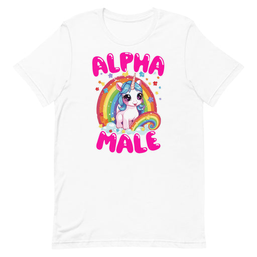 white Men's t-shirt with 'Alpha Male' text, unicorn, and rainbow design.