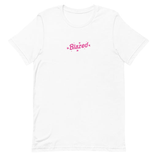 White casual tee with 'Blazed' logo in pink, decorated with stars and cannabis leaves.