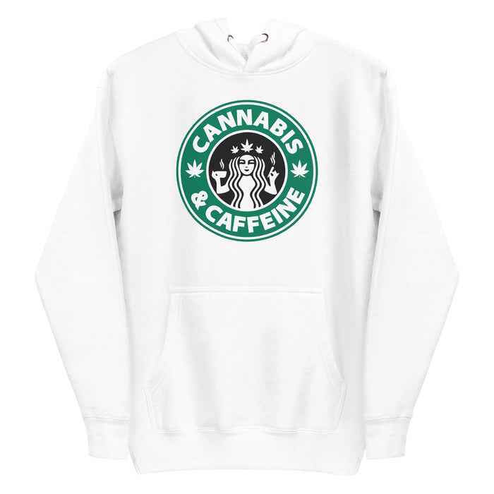 White Stoner Hoodie with Cannabis & Caffeine Coffee Shop Logo Print