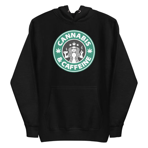 Black Stoner Hoodie with Cannabis & Caffeine Coffee Shop Logo Print