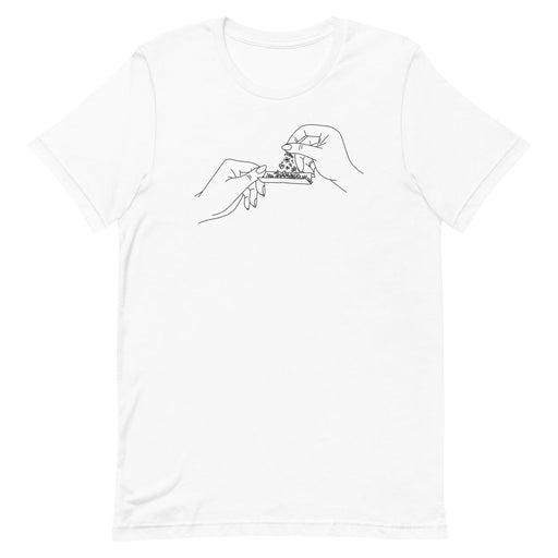 Unisex T-shirt featuring black and white line art of hands rolling a joint made from flowers.