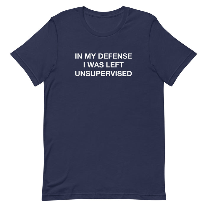 "In my defense, I was left unsupervised" t-shirt available in navy blue, part of the "Funny" collection.