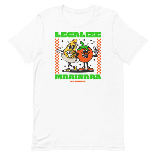 T-shirt with 'Legalize Marinara' design featuring cartoon pizza and tomato characters, in the style of a vintage pizza box.