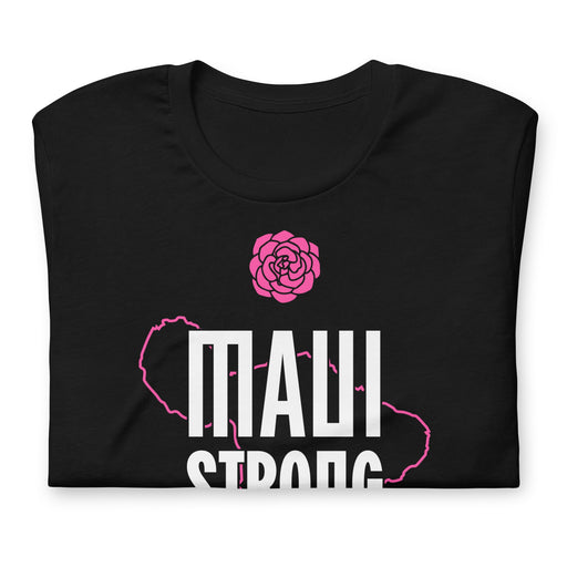 folded maui strong t-shirt in black with the pink lokelai rose and map of the island of maui