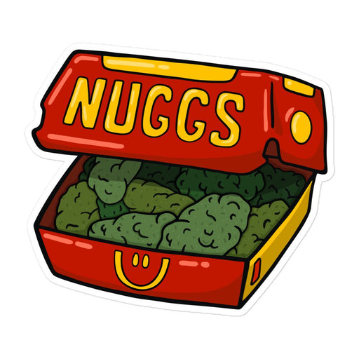 Flat lay of the McNuggs Sticker, featuring a fast-food box design filled with illustrated cannabis nugs, on a white background.