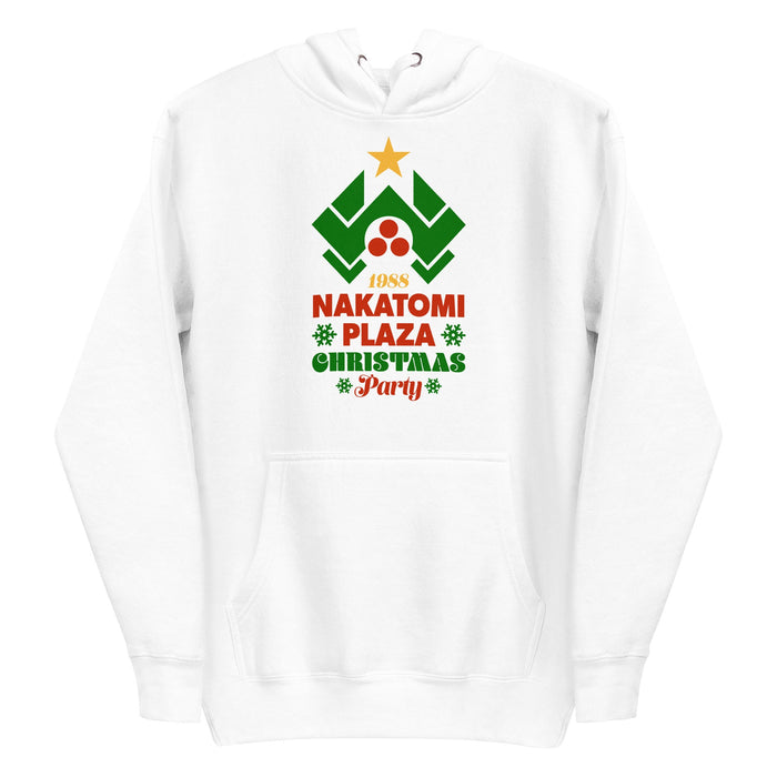 Cozy white hoodie with Nakatomi Plaza as a Christmas tree design, inspired by the movie Die Hard.