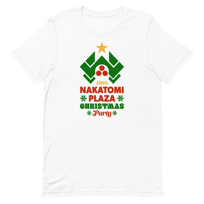Nakatomi Plaza logo as a Christmas tree on a t-shirt, inspired by Die Hard.