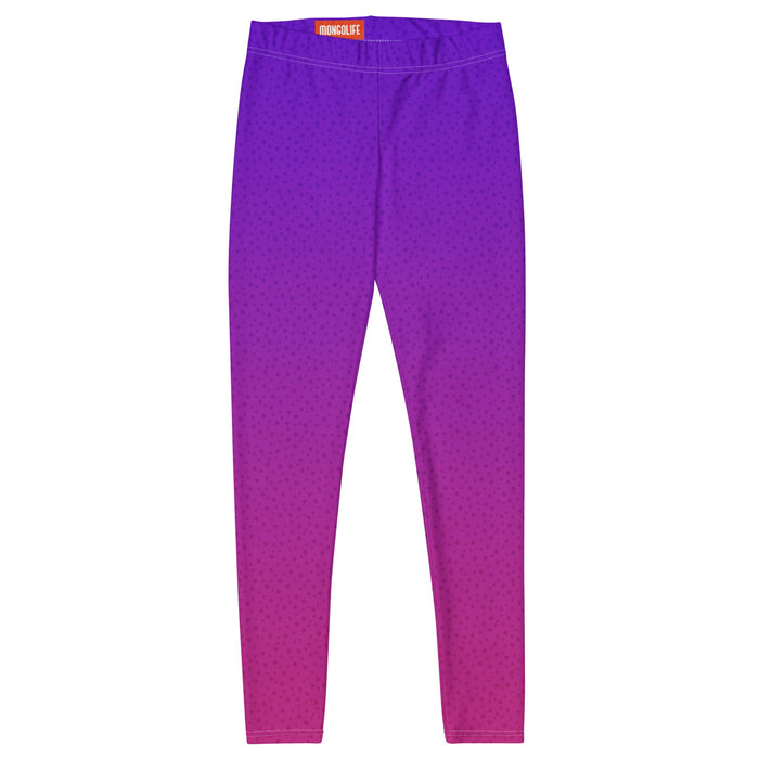 front view of flat-laid pair of Purple Blast leggings showcasing a vibrant purple gradient design against a white background.