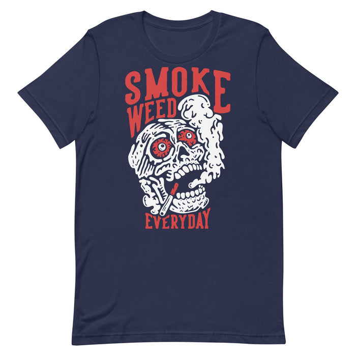 Smoke Weed Everyday - Tshirt - With a skull smoking a joint and blowing smoke - Navy Color Shirt