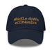 Trickle Down Economics - Dad Hat displayed flat on a white background, showcasing its Navy color and distinctive embroidered text.