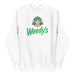 A white Weedy's hoodie featuring a cannabis-inspired parody of a famous fast-food logo, with a humorous and casual style.