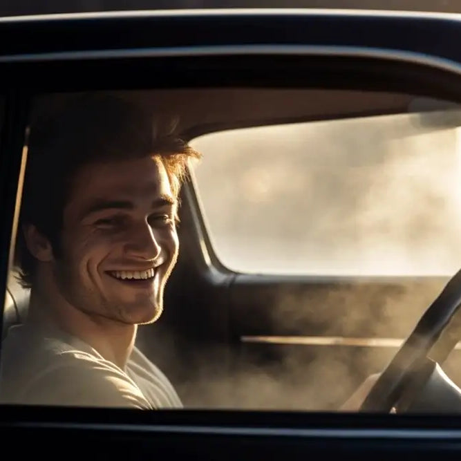 Happy young man in a classic muscle car, filled with weed or tobacco smoke.