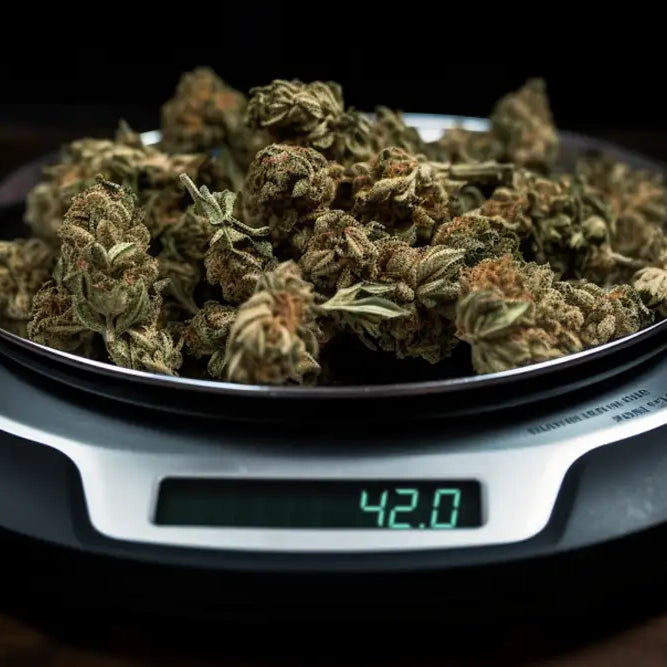 A scale with cannabis buds reading 420 on the display.