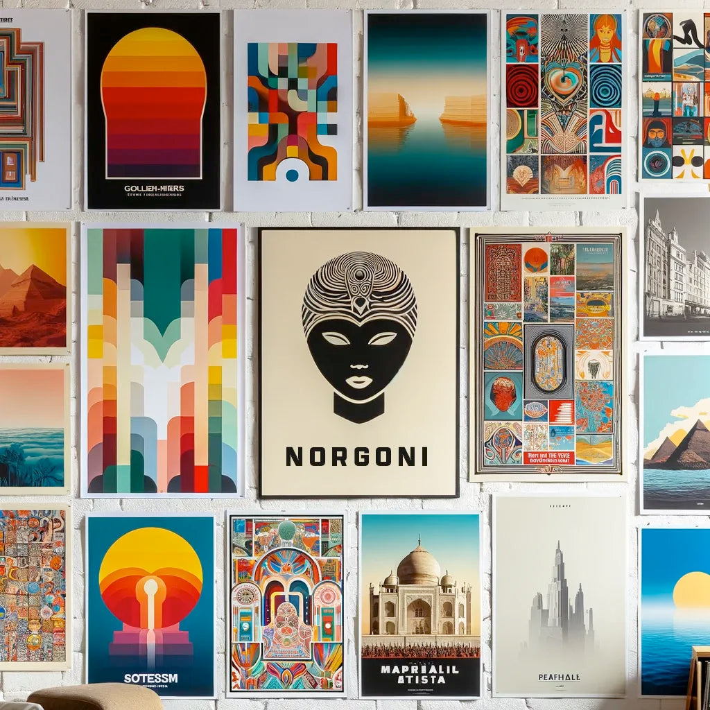 Wall of posters from different collections: Travel, Minimalist, Elegant, Funny, Colorful