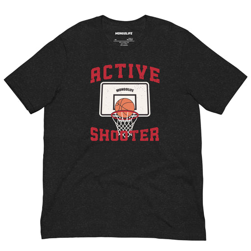 Active Shooter T-shirt in Black Heather featuring a basketball swish graphic with bold red text.