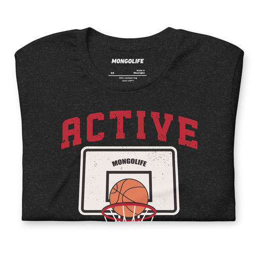 Close-up of Active Shooter T-shirt in Black Heather featuring a basketball hoop and ball graphic with bold red text.