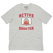 Athletic Heather Active Shooter T-shirt showcasing basketball-themed graphics and red lettering.