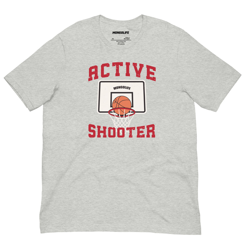Athletic Heather Active Shooter T-shirt showcasing basketball-themed graphics and red lettering.