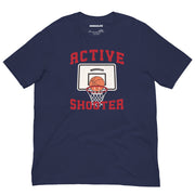Navy Blue Active Shooter T-shirt with basketball hoop and swish design, perfect for basketball lovers.