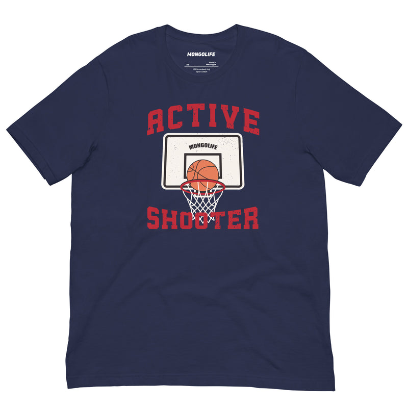 Navy Blue Active Shooter T-shirt with basketball hoop and swish design, perfect for basketball lovers.