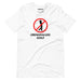 Hilarious ‘Criminalize Golf’ T-shirt in white featuring a bold red no-golf icon and sharp black lettering, ideal for prank-loving golf enthusiasts.