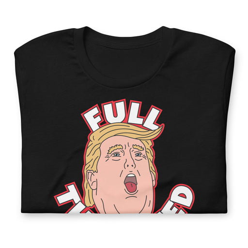 Folded black T-Shirt featuring Donald Trump ready to receive a full throated endorsement.