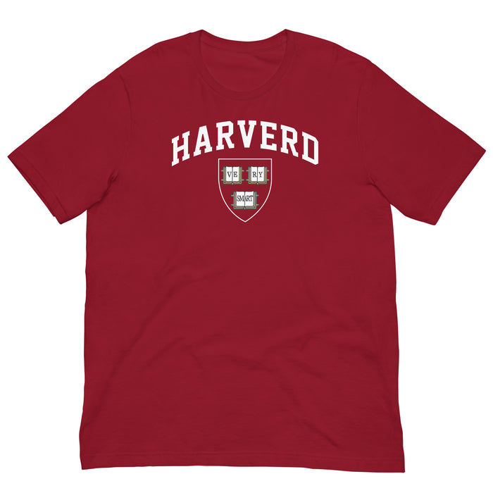 Cardinal red Funny parody “Harverd” logo T-shirt with “VE RY SMART” crest in bold college lettering.