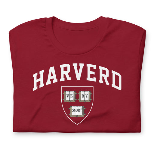 Funny parody “Harverd” logo T-shirt in cardinal red with “VE RY SMART” crest in bold college lettering.