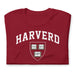 Funny parody “Harverd” logo T-shirt in cardinal red with “VE RY SMART” crest in bold college lettering.