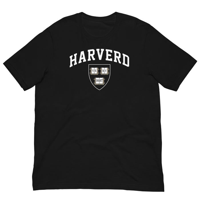 Funny parody “Harverd” logo T-shirt in black with “VE RY SMART” crest in bold college lettering.