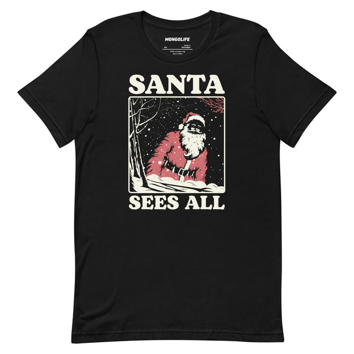 Black color Santa Sees All T-shirt with vintage-style Santa design and humorous reminder that Santa is watching.