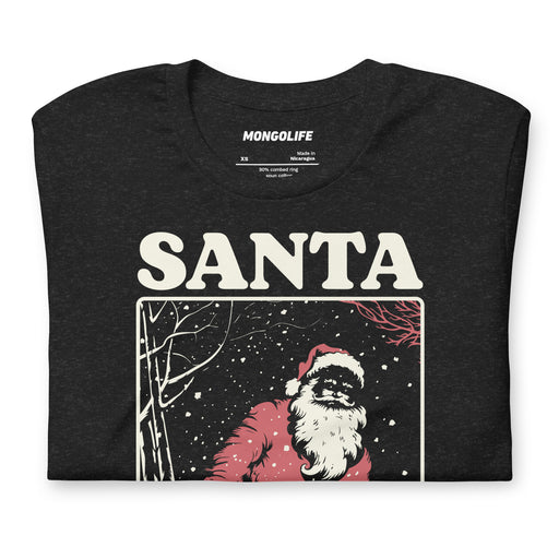 Black Heather Santa Sees All T-shirt, folded up, with vintage-style Santa design and humorous reminder that Santa is watching.