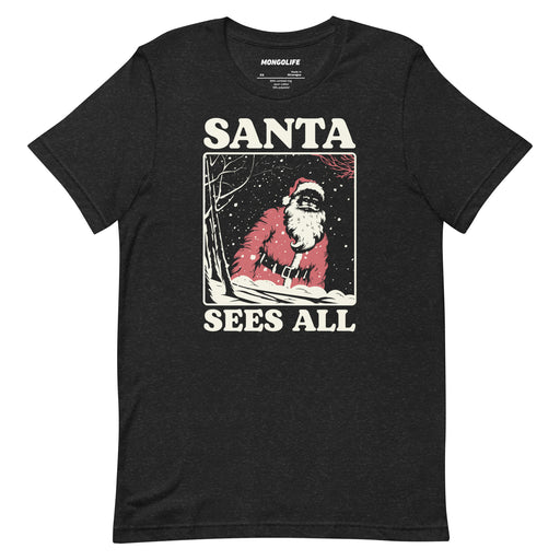 Santa Sees All T-shirt in black heather color, featuring a retro snowy scene with a bold and ominous Santa illustration.