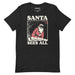 Santa Sees All T-shirt in black heather color, featuring a retro snowy scene with a bold and ominous Santa illustration.