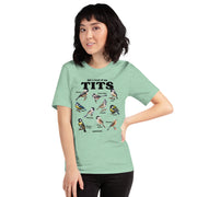 Woman wearing prism mint T-shirt with the design "Get A Load of My Tits" and illustrations of different birds labeled as "tits."