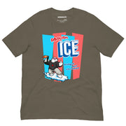 T-shirt featuring Abolish ICE design on army green fabric