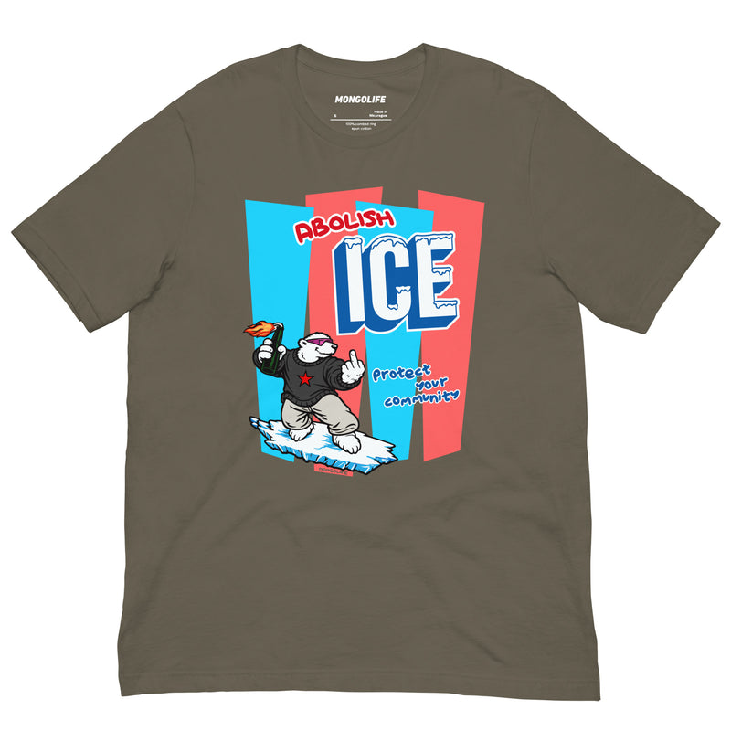 T-shirt featuring Abolish ICE design on army green fabric