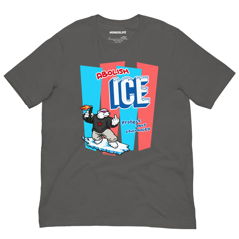T-shirt featuring Abolish ICE design on asphalt grey fabric