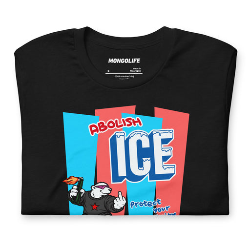 Close-up of Abolish ICE bear design on black shirt