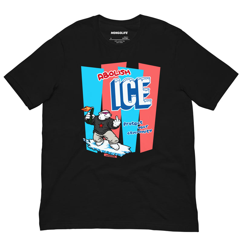 T-shirt featuring Abolish ICE design on black fabric