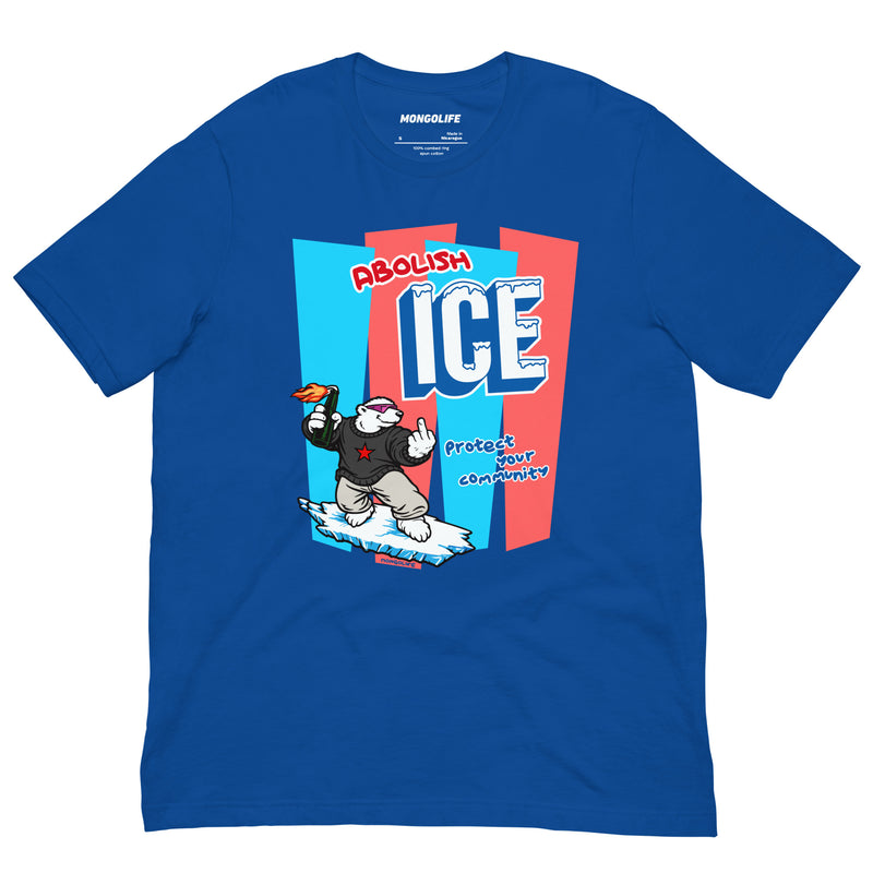 T-shirt featuring Abolish ICE design on royal blue fabric